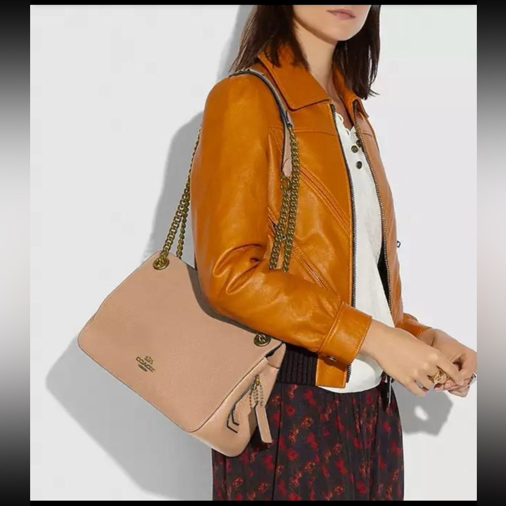 Coach Beige Leather Shoulder Bag with Gold Chain